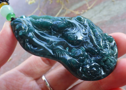 Certified Icy Green Burma 100% Natural A Jade jadeite Pendant  Guanyin Kwan Yin Dragon Phoenix Lotus Flower 龙凤 650405 TN