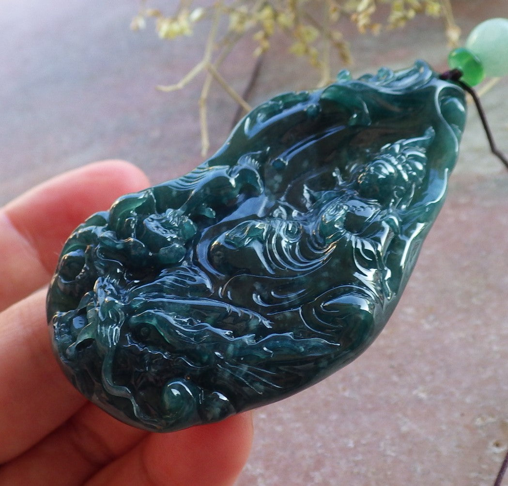 Certified Icy Green Burma 100% Natural A Jade jadeite Pendant  Guanyin Kwan Yin Dragon Phoenix Lotus Flower 龙凤 650405 TN