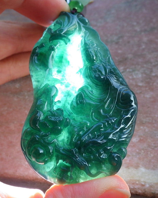 Certified Icy Green Burma 100% Natural A Jade jadeite Pendant  Guanyin Kwan Yin Dragon Phoenix Lotus Flower 龙凤 650405 TN