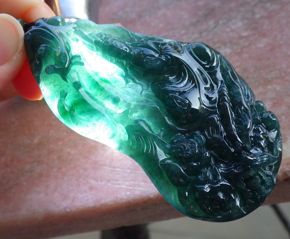 Certified Icy Green Burma 100% Natural A Jade jadeite Pendant  Guanyin Kwan Yin Dragon Phoenix Lotus Flower 龙凤 650405 TN