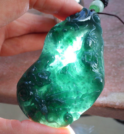 Certified Icy Green Burma 100% Natural A Jade jadeite Pendant  Guanyin Kwan Yin Dragon Phoenix Lotus Flower 龙凤 650405 TN
