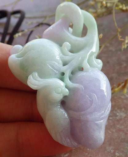 Certified Green Lavender Burma 100% Natural A Jade jadeite Pendant Phoenix Bird Peach Necklace W Ring 650416 TN