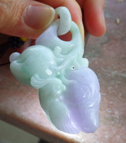 Certified Green Lavender Burma 100% Natural A Jade jadeite Pendant Phoenix Bird Peach Necklace W Ring 650416 TN