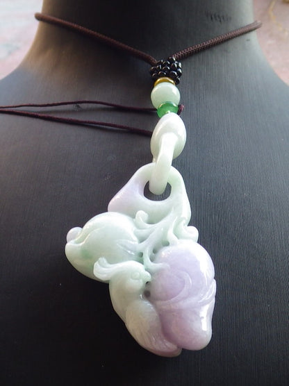 Certified Green Lavender Burma 100% Natural A Jade jadeite Pendant Phoenix Bird Peach Necklace W Ring 650416 TN