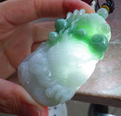 Certified Green Burma 100% Natural A Jade jadeite Pendant Dragon Necklace 生意兴隆 650425 TN