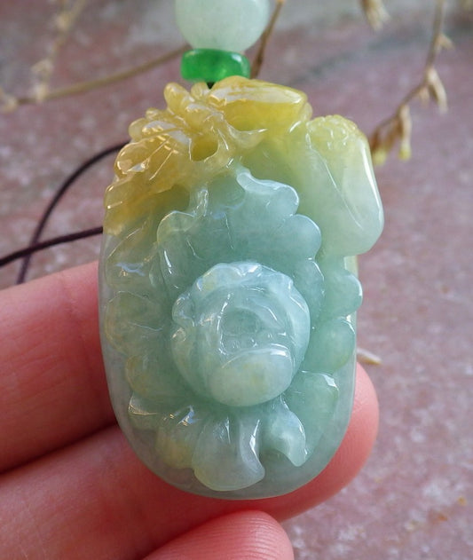 Certified Yellow Green Burma 100% Natural A Jade jadeite Pendant Butterfly Flower Necklace 蝴蝶 花开富贵 650438 TN
