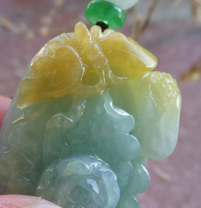 Certified Yellow Green Burma 100% Natural A Jade jadeite Pendant Butterfly Flower Necklace 蝴蝶 花开富贵 650438 TN