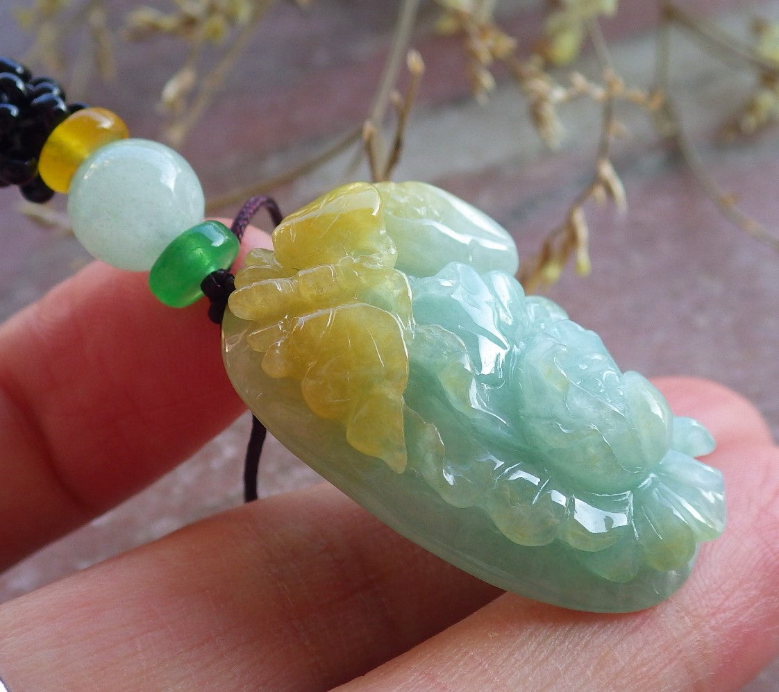Certified Yellow Green Burma 100% Natural A Jade jadeite Pendant Butterfly Flower Necklace 蝴蝶 花开富贵 650438 TN