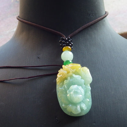 Certified Yellow Green Burma 100% Natural A Jade jadeite Pendant Butterfly Flower Necklace 蝴蝶 花开富贵 650438 TN