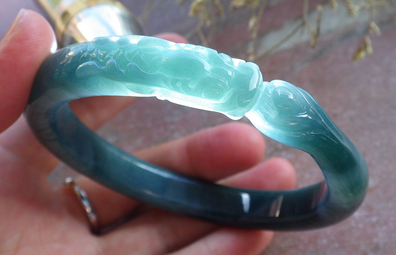 Certified Icy Green Burma 100% Natural A JADE Jadeite Dragon Phoenix Bangle Bracelet 64 mm 手镯 650446 TN