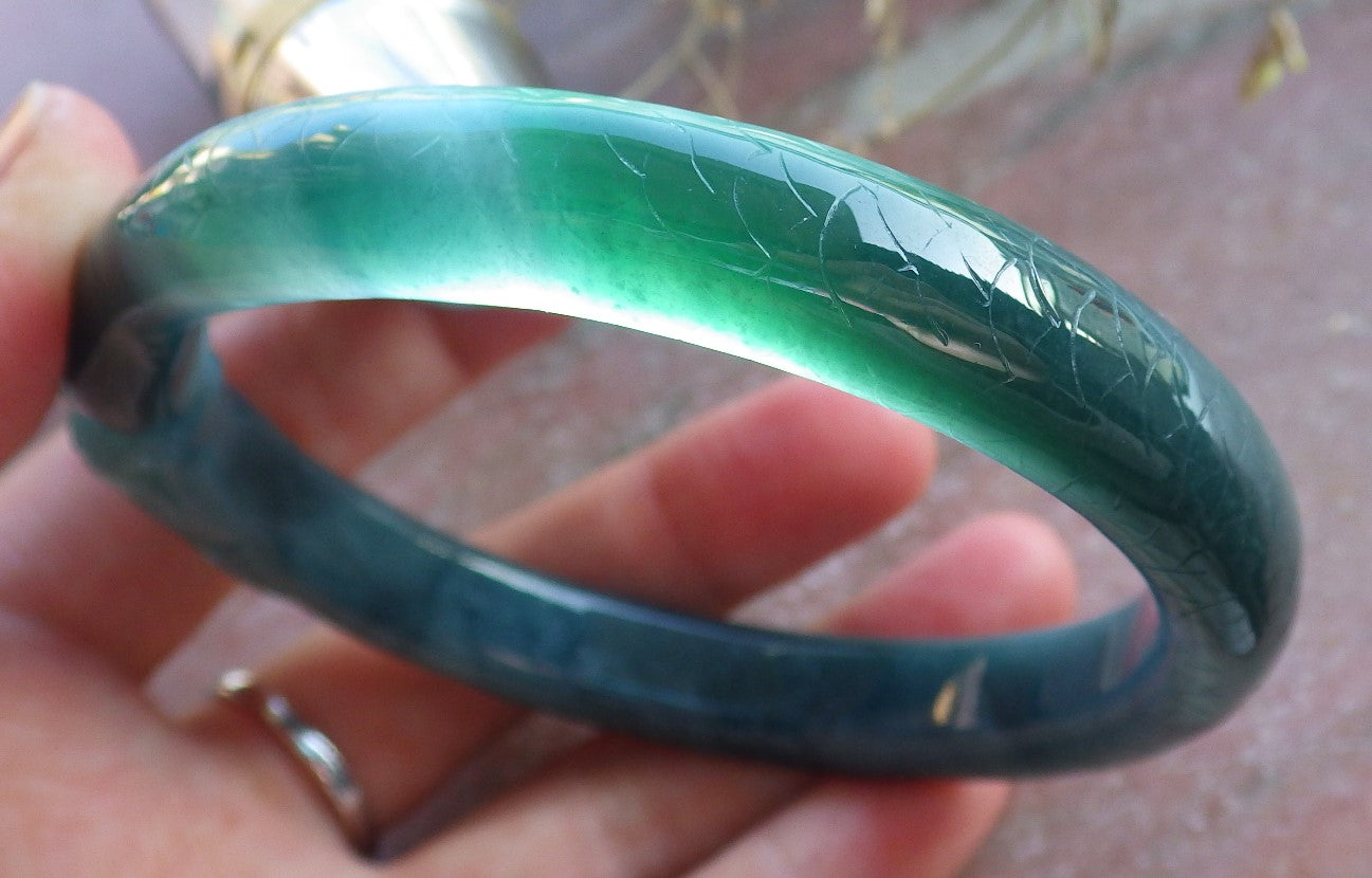 Certified Icy Green Burma 100% Natural A JADE Jadeite Dragon Phoenix Bangle Bracelet 64 mm 手镯 650446 TN