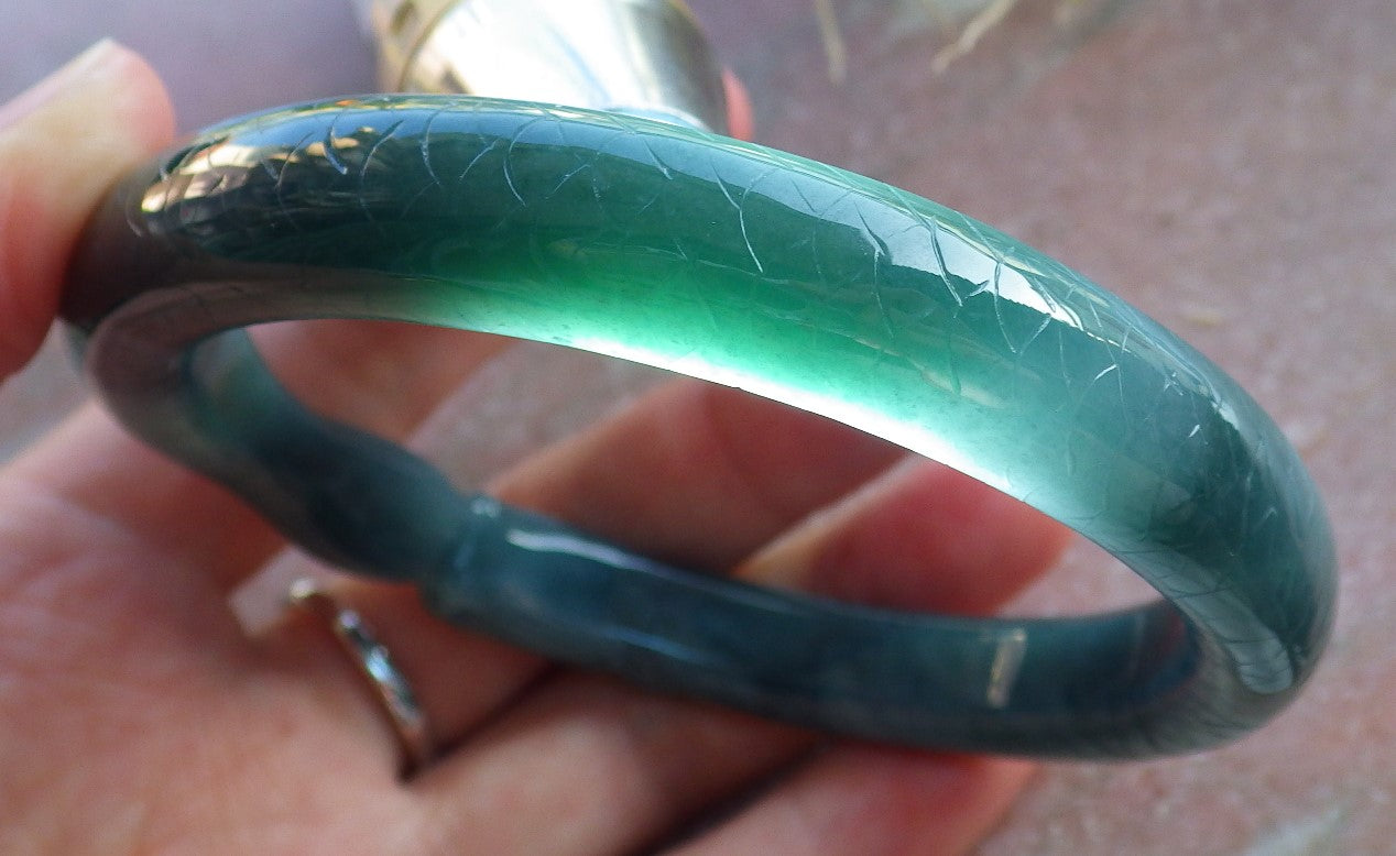 Certified Icy Green Burma 100% Natural A JADE Jadeite Dragon Phoenix Bangle Bracelet 64 mm 手镯 650446 TN