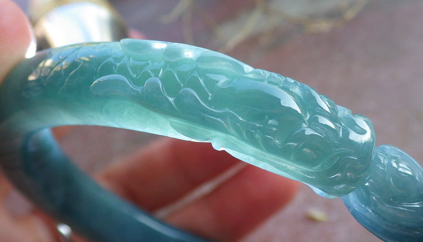 Certified Icy Green Burma 100% Natural A JADE Jadeite Dragon Phoenix Bangle Bracelet 64 mm 手镯 650446 TN