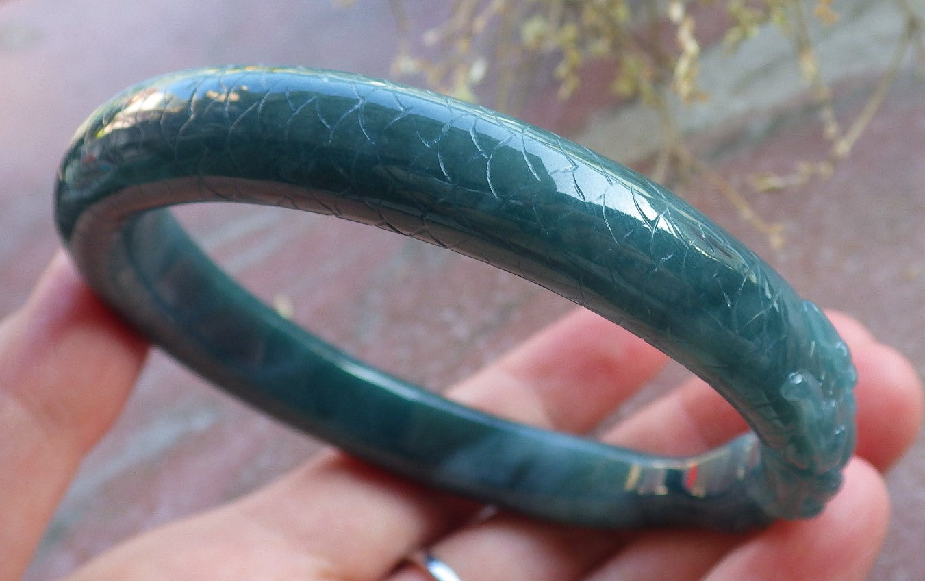 Certified Icy Green Burma 100% Natural A JADE Jadeite Dragon Phoenix Bangle Bracelet 64 mm 手镯 650446 TN