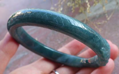 Certified Icy Green Burma 100% Natural A JADE Jadeite Dragon Phoenix Bangle Bracelet 64 mm 手镯 650446 TN