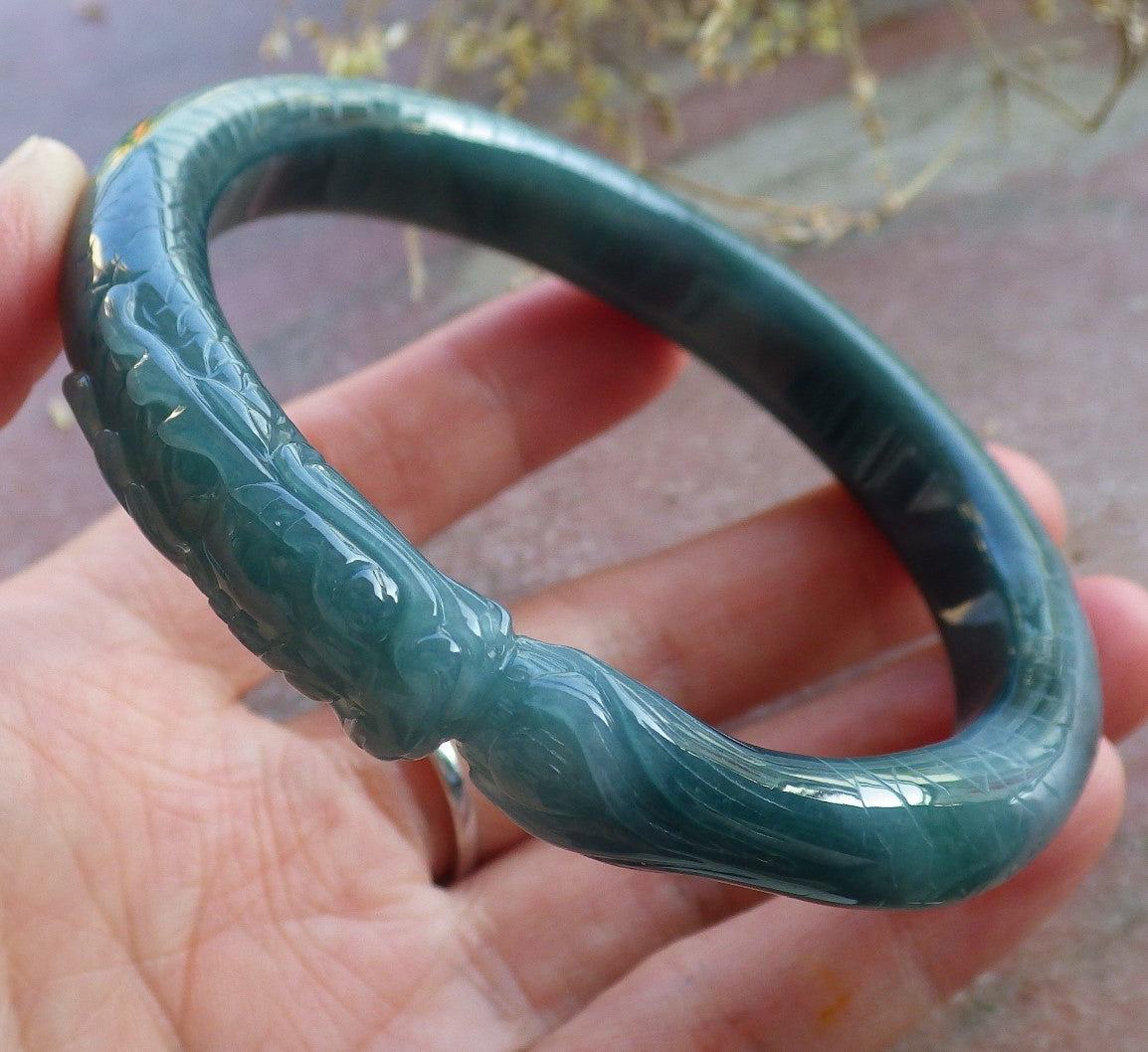 Certified Icy Green Burma 100% Natural A JADE Jadeite Dragon Phoenix Bangle Bracelet 64 mm 手镯 650446 TN