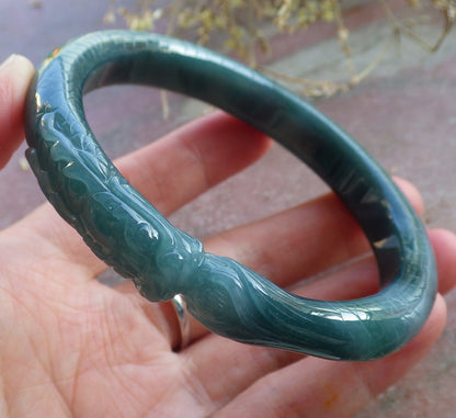 Certified Icy Green Burma 100% Natural A JADE Jadeite Dragon Phoenix Bangle Bracelet 64 mm 手镯 650446 TN
