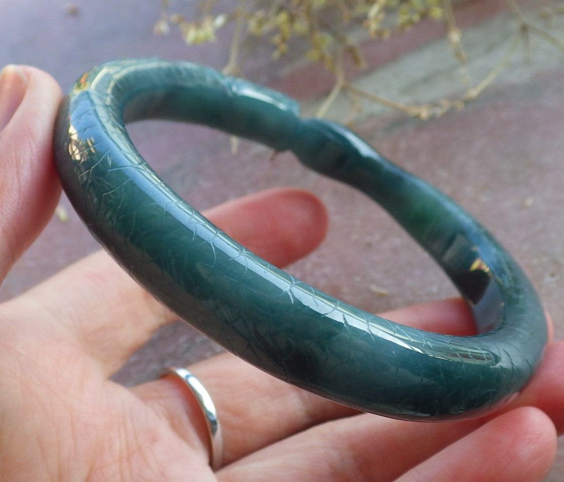 Certified Icy Green Burma 100% Natural A JADE Jadeite Dragon Phoenix Bangle Bracelet 64 mm 手镯 650446 TN