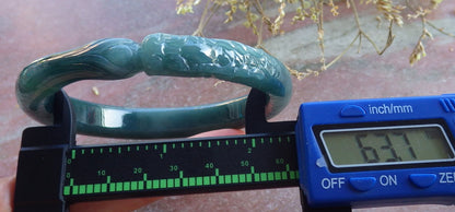 Certified Icy Green Burma 100% Natural A JADE Jadeite Dragon Phoenix Bangle Bracelet 64 mm 手镯 650446 TN