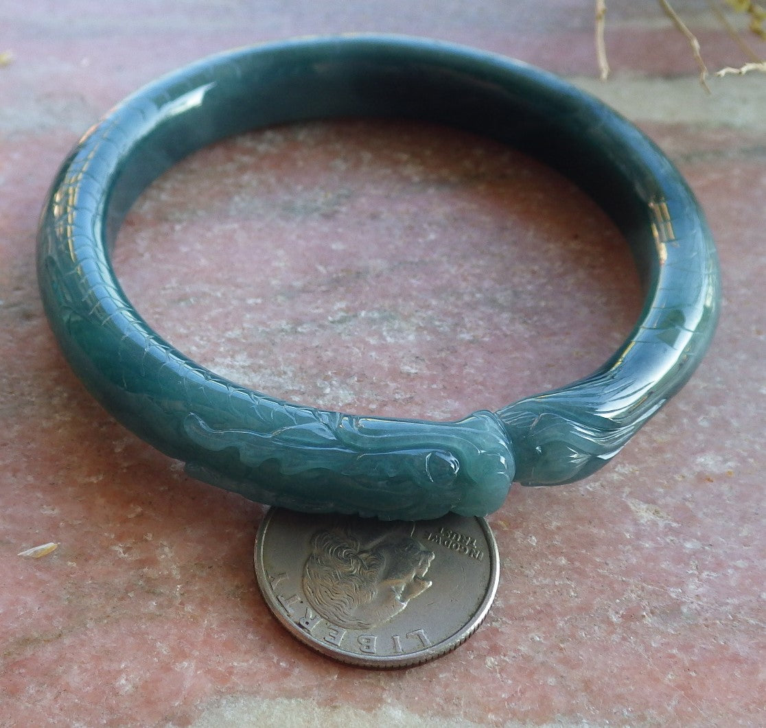 Certified Icy Green Burma 100% Natural A JADE Jadeite Dragon Phoenix Bangle Bracelet 64 mm 手镯 650446 TN