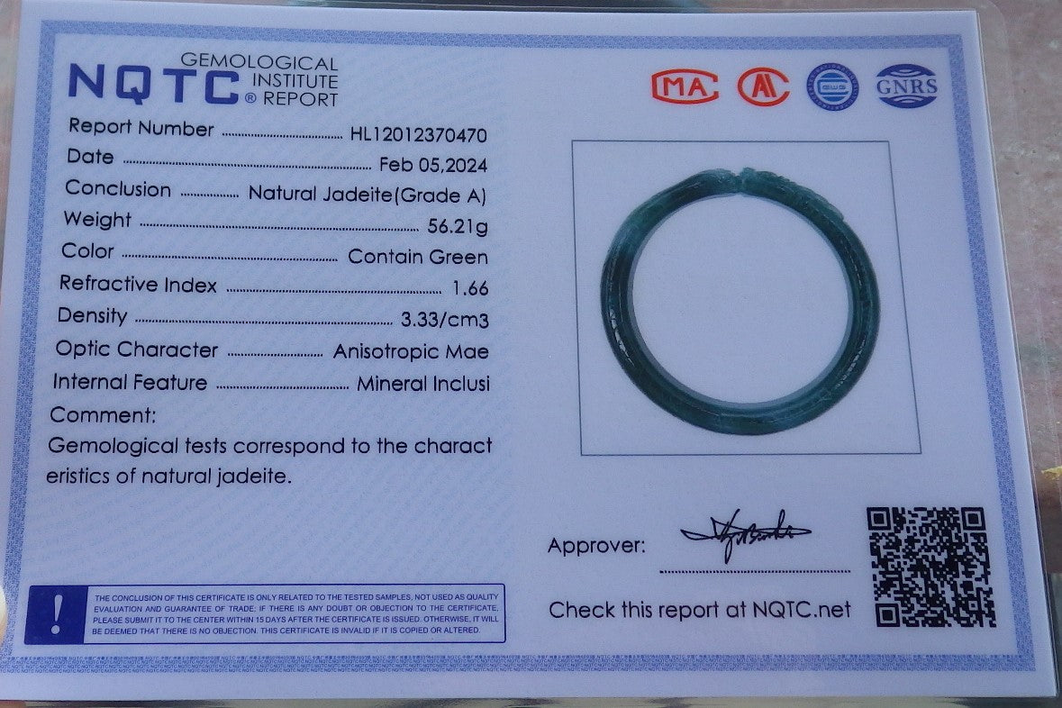 Certified Icy Green Burma 100% Natural A JADE Jadeite Dragon Phoenix Bangle Bracelet 64 mm 手镯 650446 TN