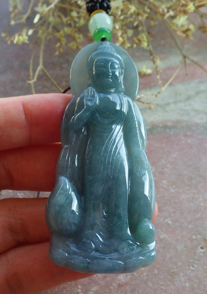 Certified Icy Green Pale Lavender Burma 100% Natural A Jade jadeite pendant Sakyamuni Buddha God Necklace 释迦牟尼 650465 TN