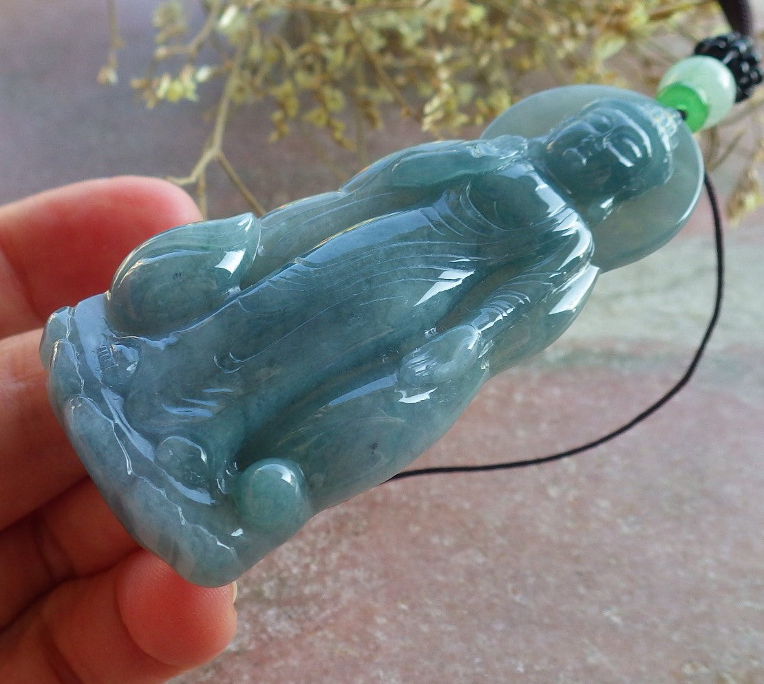 Certified Icy Green Pale Lavender Burma 100% Natural A Jade jadeite pendant Sakyamuni Buddha God Necklace 释迦牟尼 650465 TN