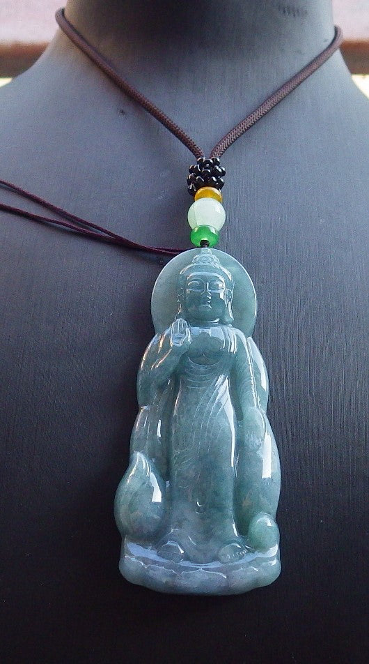 Certified Icy Green Pale Lavender Burma 100% Natural A Jade jadeite pendant Sakyamuni Buddha God Necklace 释迦牟尼 650465 TN