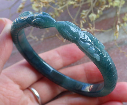Certified Icy Green Burma 100% Natural A JADE Jadeite Snake Bangle Bracelet 56 mm 手镯 650547 TN