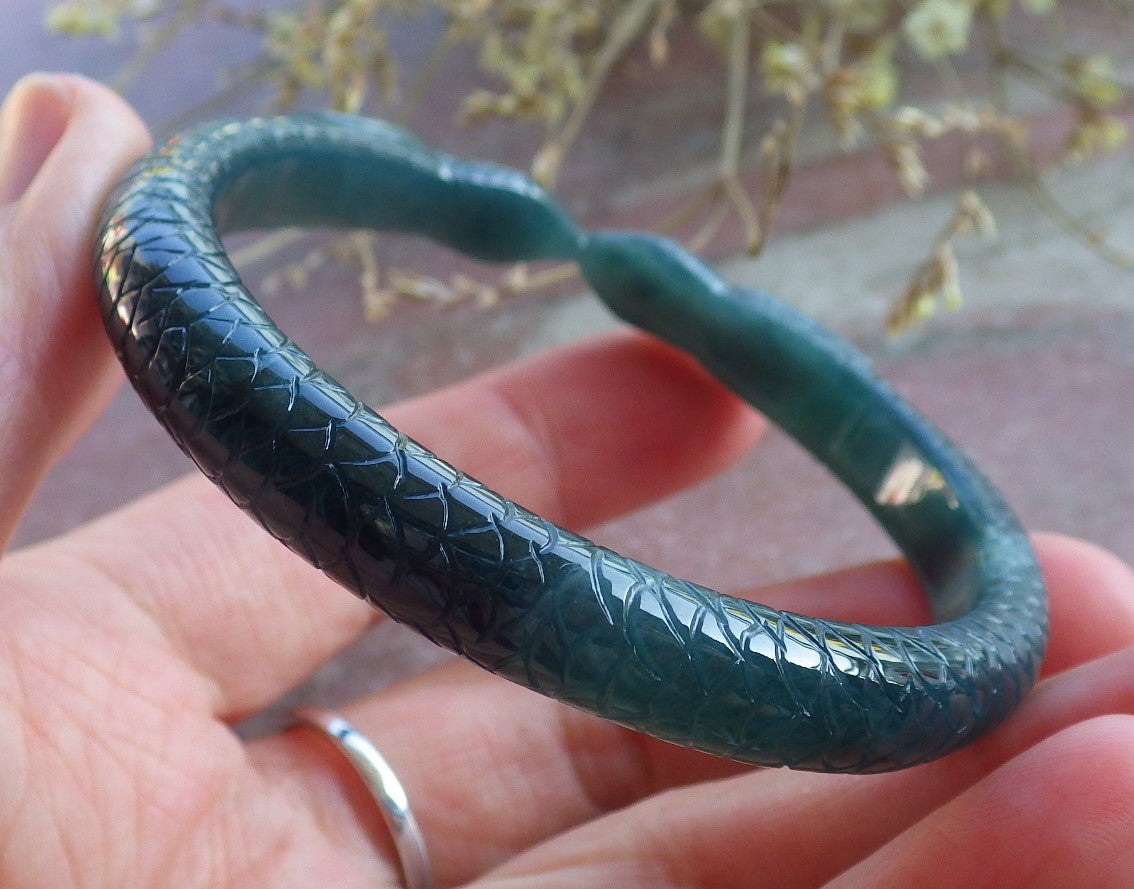 Certified Icy Green Burma 100% Natural A JADE Jadeite Snake Bangle Bracelet 56 mm 手镯 650547 TN
