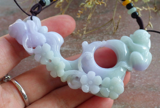 Certified Lavender Green Burma 100% Natural A Jade jadeite Pendant Rabbit Monkey Flower Coin Necklace 兔子 650559 TN