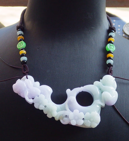 Certified Lavender Green Burma 100% Natural A Jade jadeite Pendant Rabbit Monkey Flower Coin Necklace 兔子 650559 TN