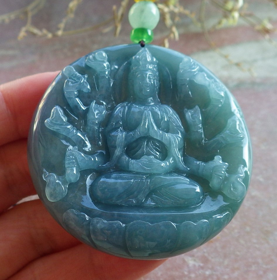 Certified Icy Green Pale Lavender Burma 100% Natural A Jade jadeite Pendant 1000 Hand Guanyin Kwan Yin Lotus Flower Necklace 观音 650569 TN