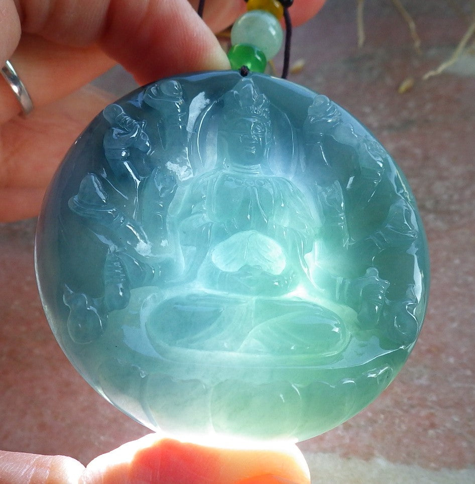Certified Icy Green Pale Lavender Burma 100% Natural A Jade jadeite Pendant 1000 Hand Guanyin Kwan Yin Lotus Flower Necklace 观音 650569 TN