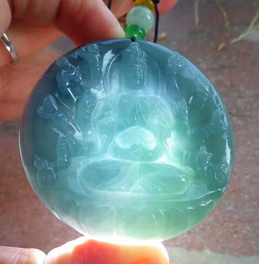 Certified Icy Green Pale Lavender Burma 100% Natural A Jade jadeite Pendant 1000 Hand Guanyin Kwan Yin Lotus Flower Necklace 观音 650569 TN