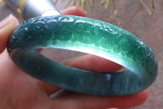 Certified Icy Green Burma 100% Natural A JADE Jadeite Coin Ruyi Longevity Bangle Bracelet 62 mm 手镯 650588 TN
