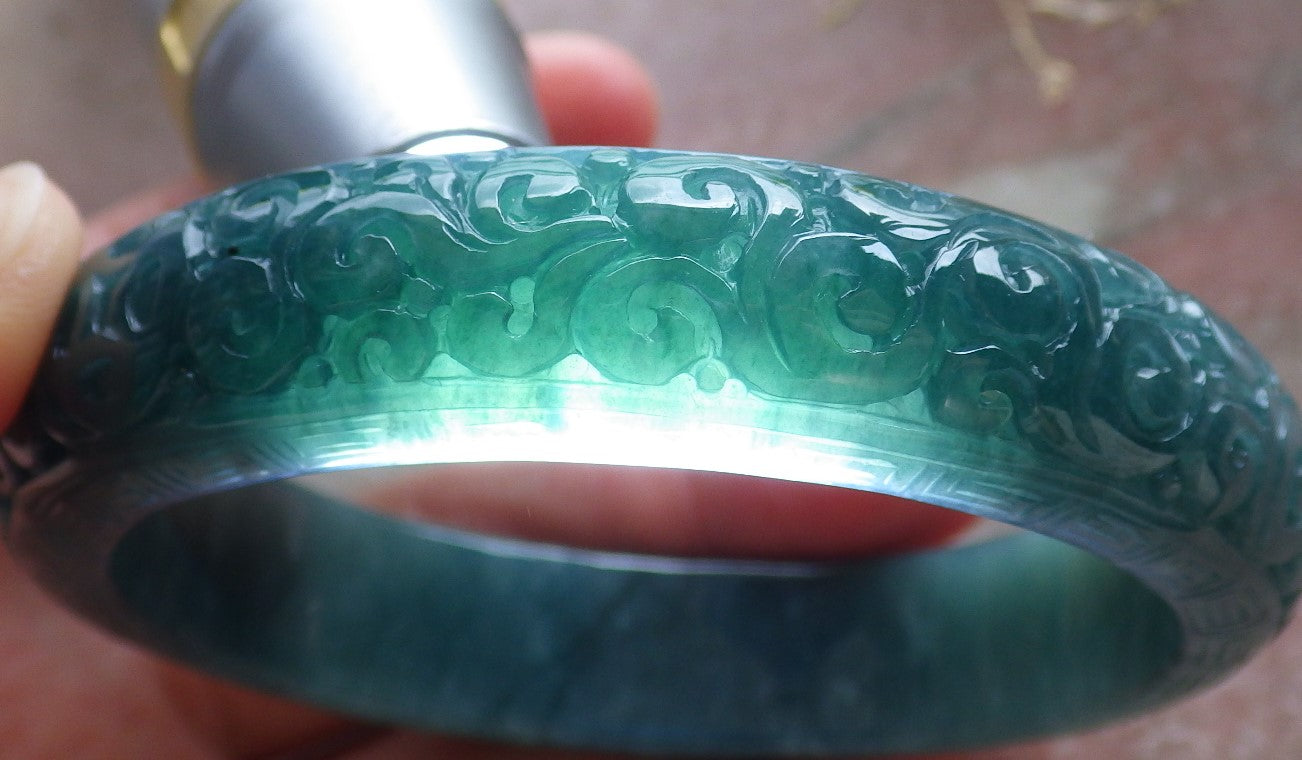 Certified Icy Green Burma 100% Natural A JADE Jadeite Coin Ruyi Longevity Bangle Bracelet 62 mm 手镯 650588 TN