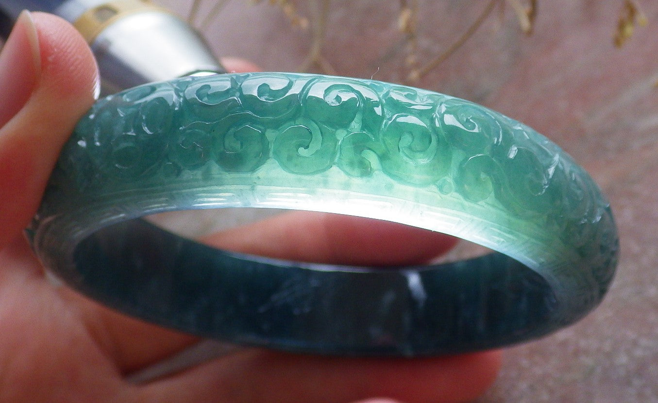Certified Icy Green Burma 100% Natural A JADE Jadeite Coin Ruyi Longevity Bangle Bracelet 62 mm 手镯 650588 TN