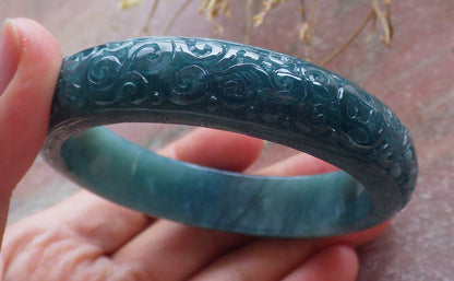 Certified Icy Green Burma 100% Natural A JADE Jadeite Coin Ruyi Longevity Bangle Bracelet 62 mm 手镯 650588 TN