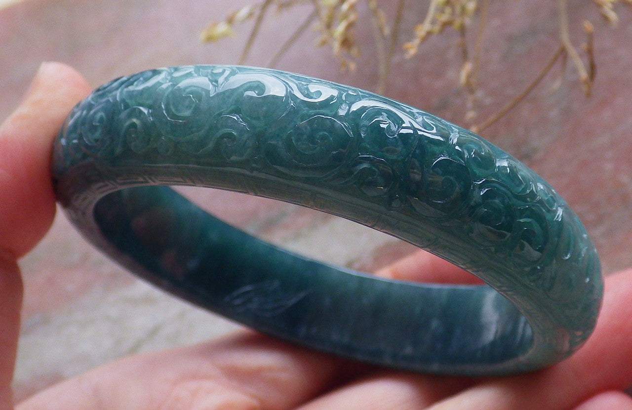 Certified Icy Green Burma 100% Natural A JADE Jadeite Coin Ruyi Longevity Bangle Bracelet 62 mm 手镯 650588 TN