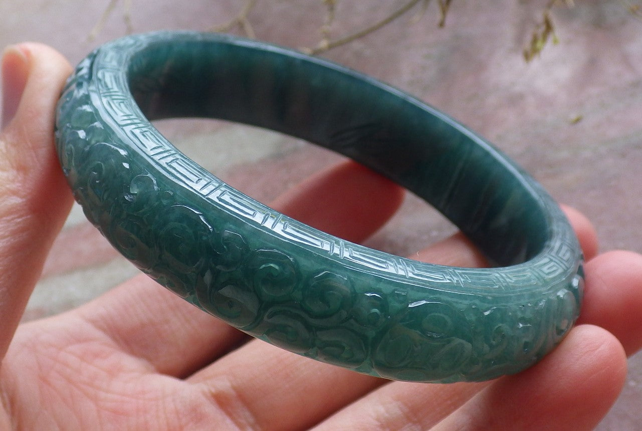 Certified Icy Green Burma 100% Natural A JADE Jadeite Coin Ruyi Longevity Bangle Bracelet 62 mm 手镯 650588 TN