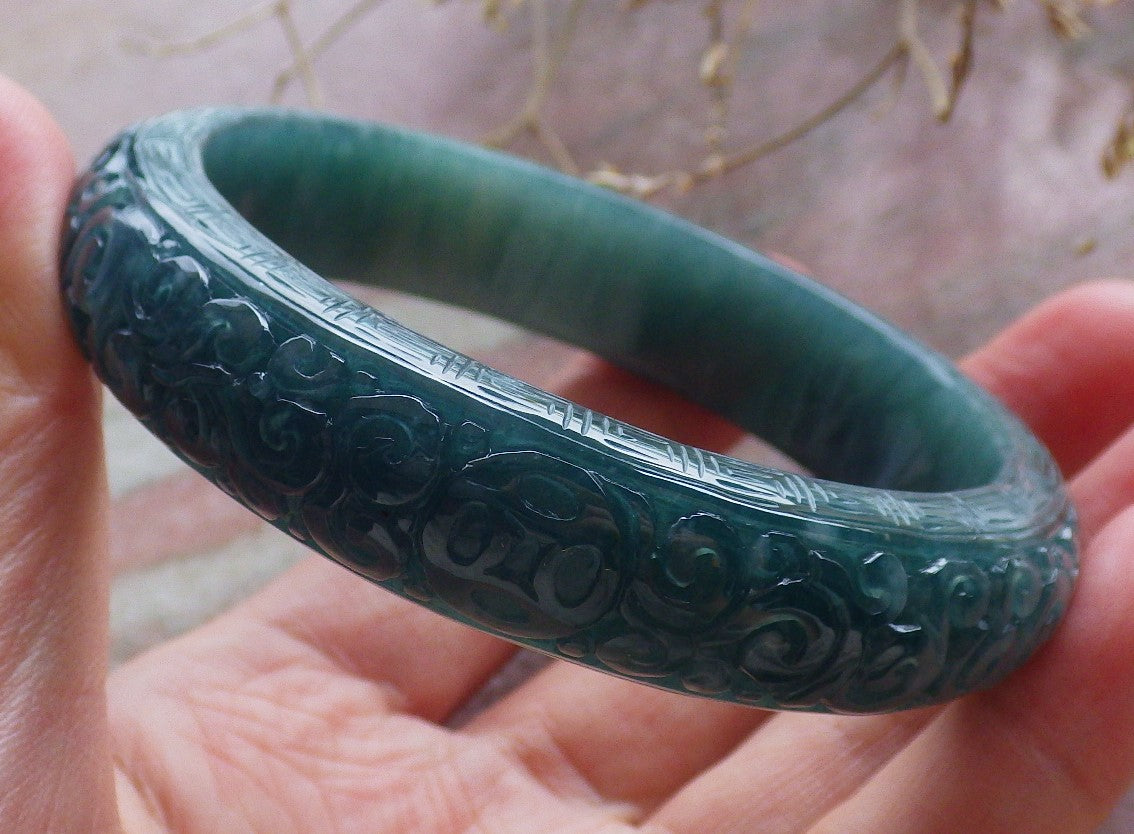 Certified Icy Green Burma 100% Natural A JADE Jadeite Coin Ruyi Longevity Bangle Bracelet 62 mm 手镯 650588 TN