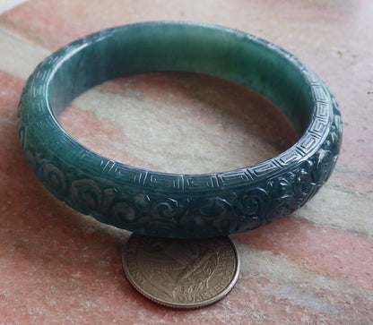Certified Icy Green Burma 100% Natural A JADE Jadeite Coin Ruyi Longevity Bangle Bracelet 62 mm 手镯 650588 TN