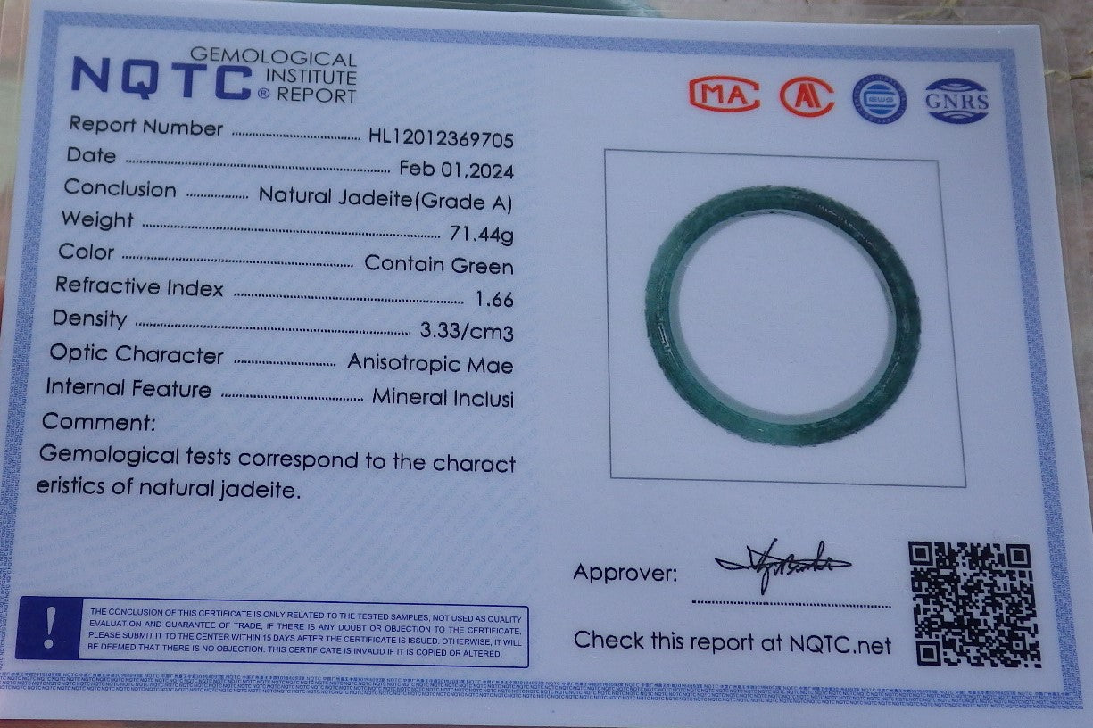 Certified Icy Green Burma 100% Natural A JADE Jadeite Coin Ruyi Longevity Bangle Bracelet 62 mm 手镯 650588 TN