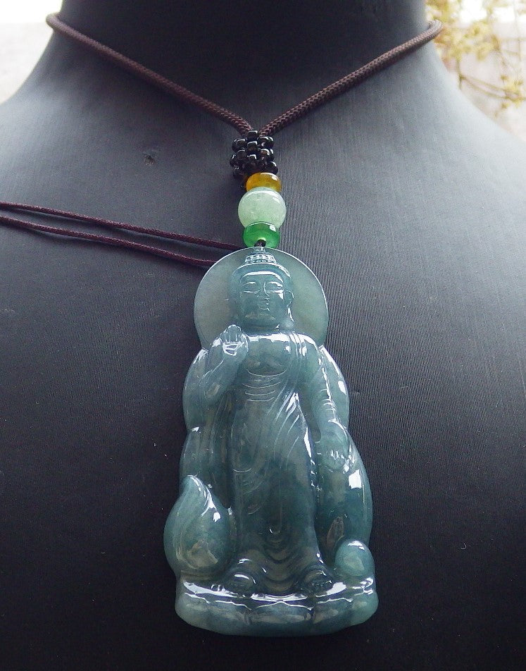 Certified Icy Green Burma 100% Natural A Jade jadeite pendant Sakyamuni Buddha God Necklace 释迦牟尼 650599 TN