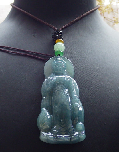 Certified Icy Green Burma 100% Natural A Jade jadeite pendant Sakyamuni Buddha God Necklace 释迦牟尼 650599 TN