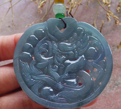 Certified Icy Green Pale lavender Burma 100% Natural A Jade jadeite Pendant Dragon Phoenix Heart Necklace 龙凤 650607 TN