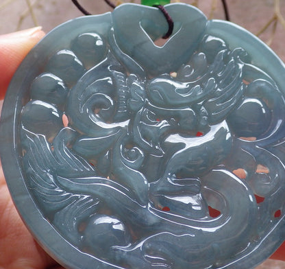 Certified Icy Green Pale lavender Burma 100% Natural A Jade jadeite Pendant Dragon Phoenix Heart Necklace 龙凤 650607 TN