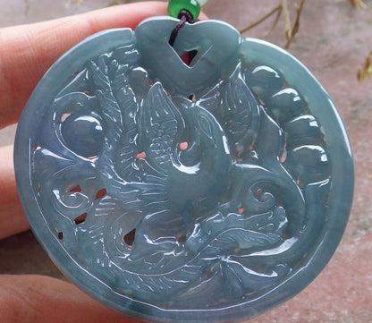 Certified Icy Green Pale lavender Burma 100% Natural A Jade jadeite Pendant Dragon Phoenix Heart Necklace 龙凤 650607 TN