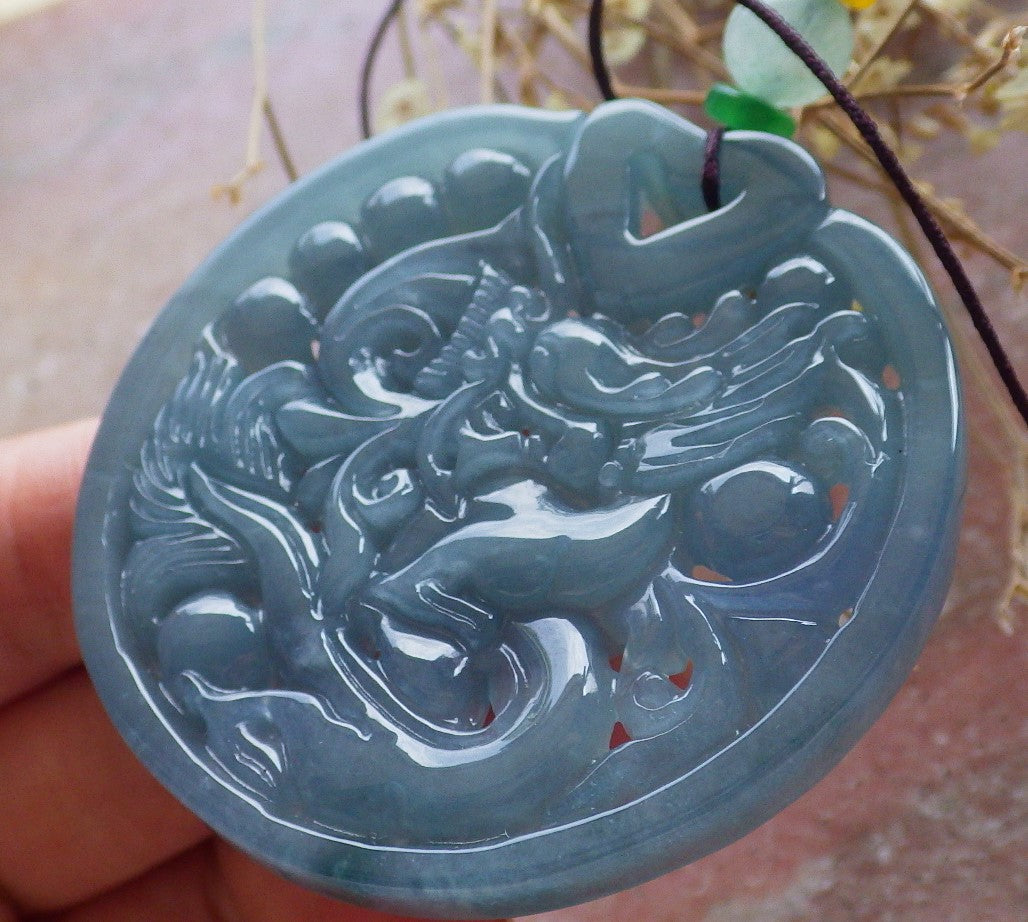 Certified Icy Green Pale lavender Burma 100% Natural A Jade jadeite Pendant Dragon Phoenix Heart Necklace 龙凤 650607 TN